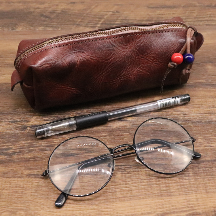 New top-grade cowhide vegetable-tanned leather handmade distressed pen bag large capacity storage bag unisex glasses bag wholesale