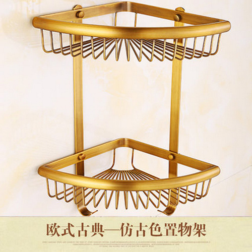 All copper triangle basket bathroom tripod gold corner rack wall hanging double layer mesh basket storage rack bathroom pendant