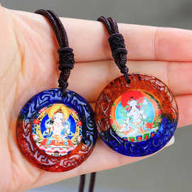 琉璃唐卡吊坠西藏佛牌手绘文殊菩萨挂件饰品佛像项链随身挂件