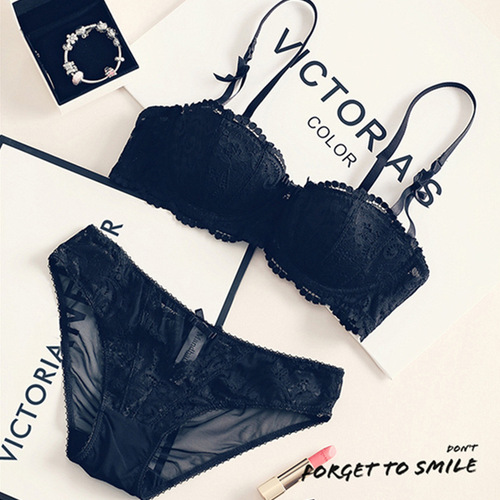 Women's bra set French luxury sexy embroidered black lace small breast half cup thin underwear female Madonna