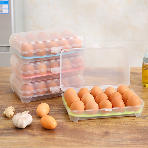 Kitchen multi-compartment refrigerator egg carton portable picnic storage box with lid plastic transparent color strip 15-compartment egg carton