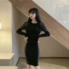 Round neck bright silk stitching slim wrap hip short skirt knitted skirt long sleeve dress