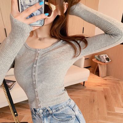 2020 Spring new pattern French Retro Single breasted knitting Cardigan Sweet T-shirts Paige Long sleeve Navel jacket