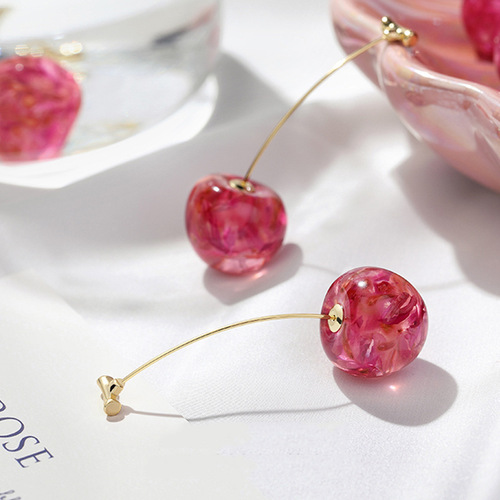 New resin design cute girl fresh cherry tender pink dried flower cherry earrings earrings for women