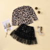 Leopard Print Long Sleeve Top bow lace skirt two piece girls’ suit