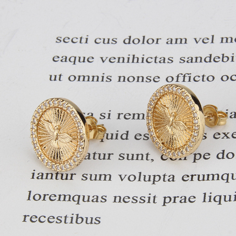 Hot Sale Inlaid Zirconium Round Holy Bird New Religious Holy Eagle Copper Earrings display picture 6