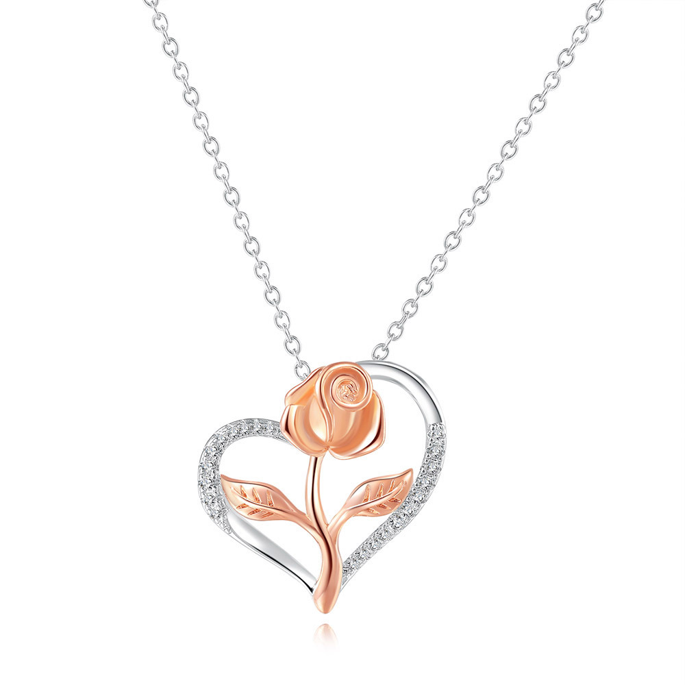 Fashion Heart Shape Rose Copper Plating Inlay Zircon Pendant Necklace 1 Piece
