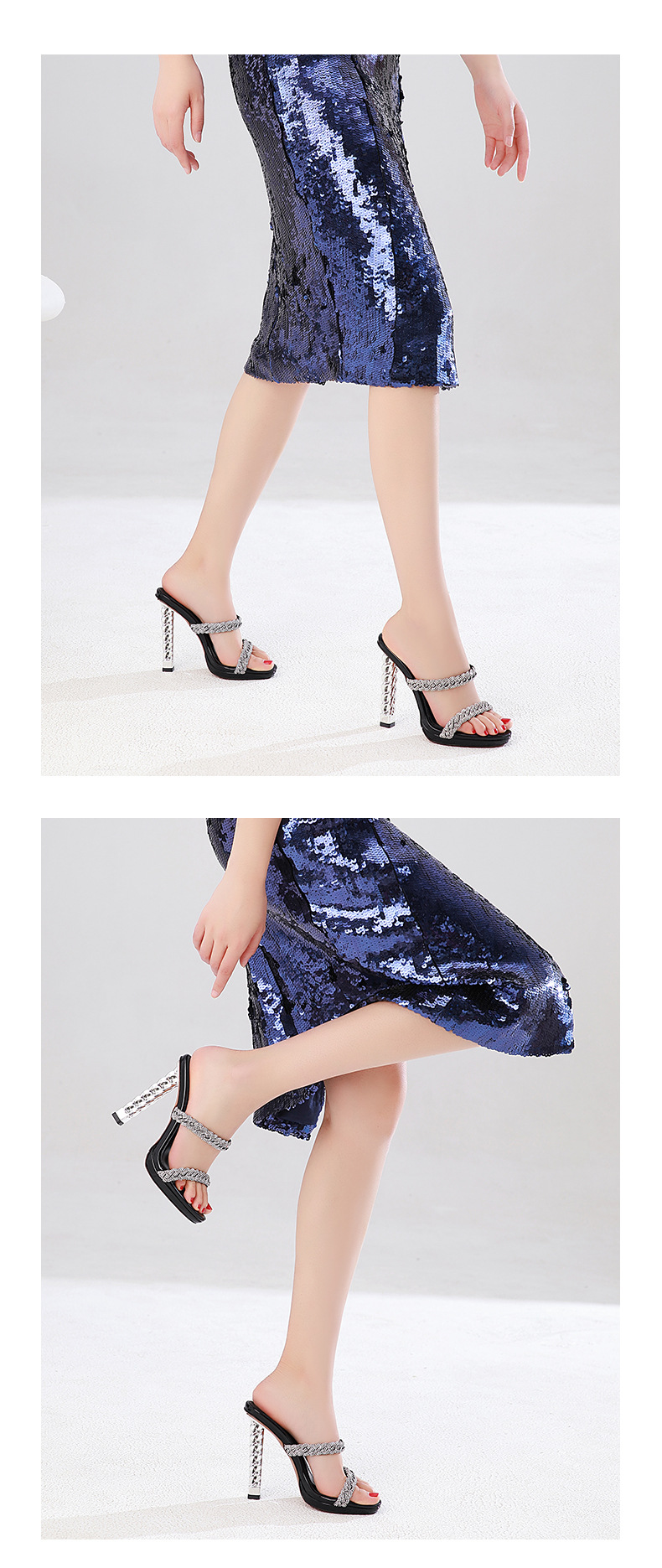 Sandal cao gót nữ đính đá quai ngang đế platform gót siêu cao — Màu đen chi tiết 4
