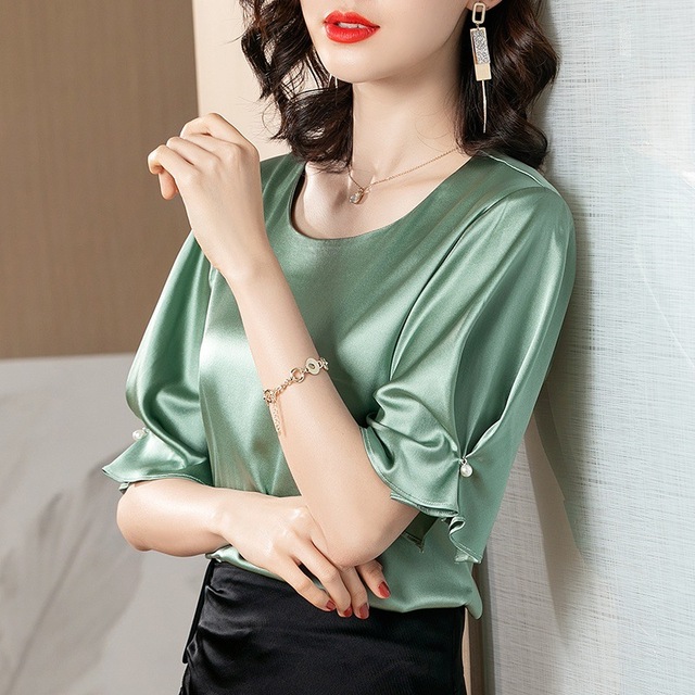 Silk shirt women’s European and American fashion solid color short sleeve heavy weight silk shirt