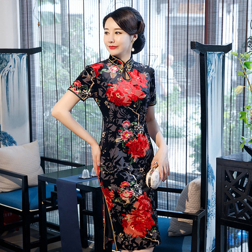 Cheongsam burnt velvet double long cheongsam dress cheongsam dress