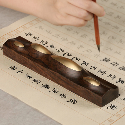 黑紫檀實木筆擱鎮尺黃銅鎮紙壓紙木鎮子禅意山形書鎮單鎮紅木書法