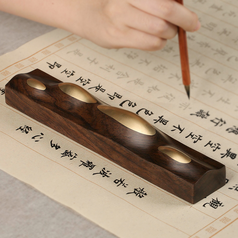 黑紫檀實木筆擱鎮尺黃銅鎮紙壓紙木鎮子禅意山形書鎮單鎮紅木書法