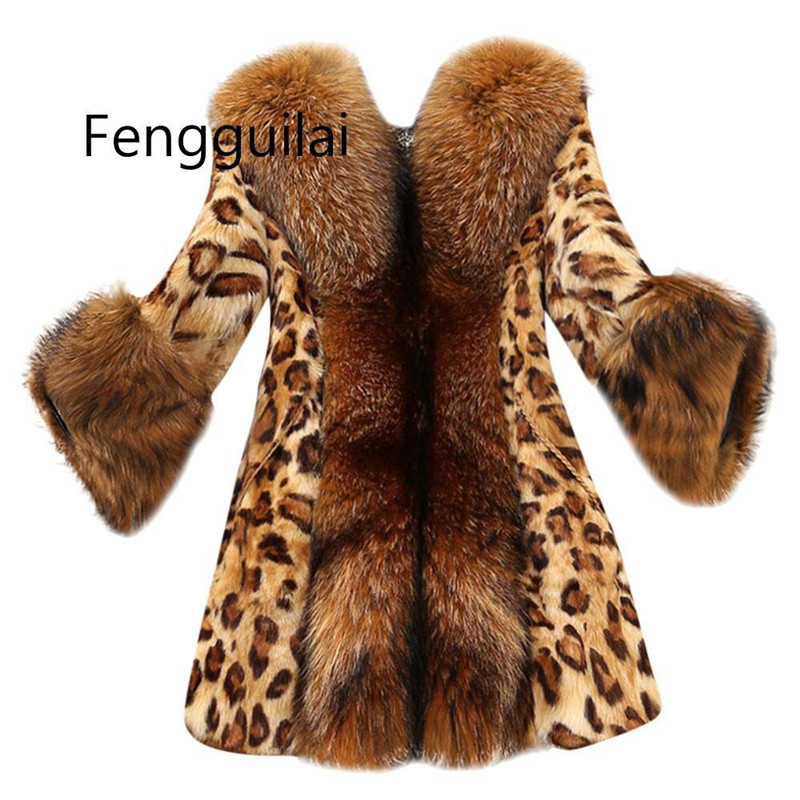 2021 Autumn And Winter Fur Coat Women's Medium And Long Leopard Print Imitation Raccoon Dog Hair Collar Artificial Fur Warm Coat Middle-aged Fur