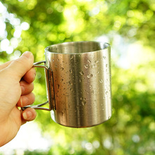 户外野营杯304不锈钢折叠把手双层隔热咖啡杯烧烤啤酒杯登山水杯