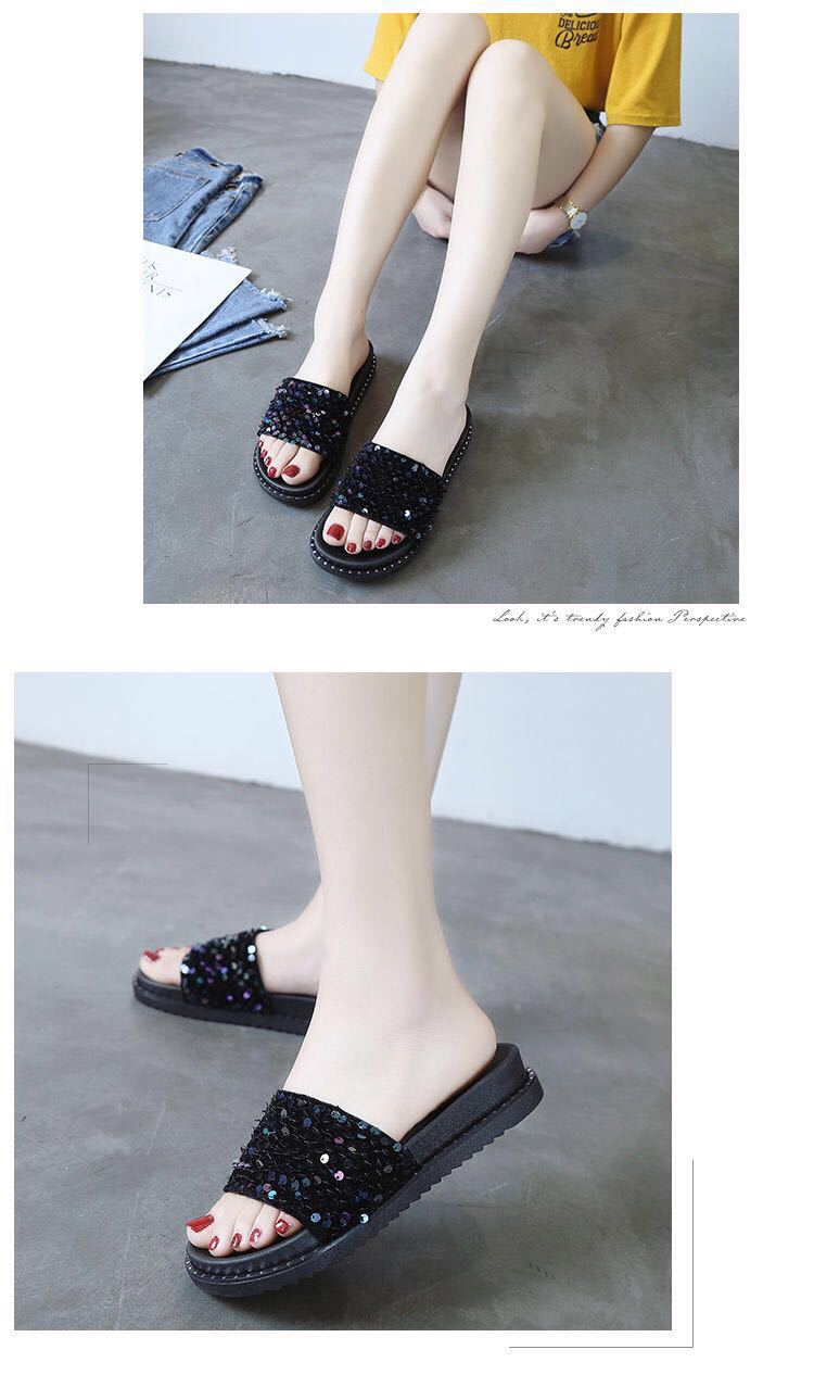 Pailletten-Mode-Hausschuhe für Damen, Sommer, koreanische Muffin-Schuhe mit dicken Sohlen, Oberbekleidung im neuen Stil, koreanischer flacher Boden, einzeilige Hausschuhe, Studenten_voghion.com