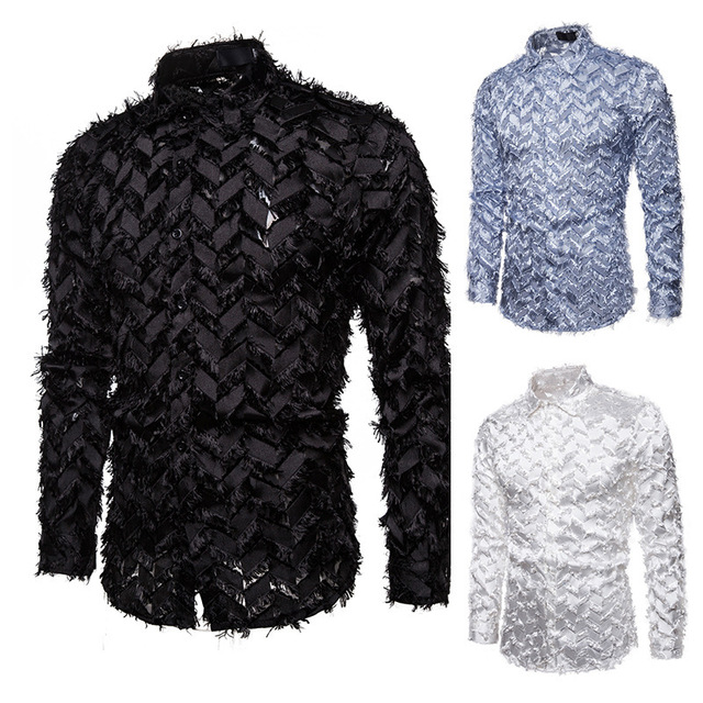 Men’s Handmade three-dimensional feather fabric featured Henry Neck Long Sleeve Shirt