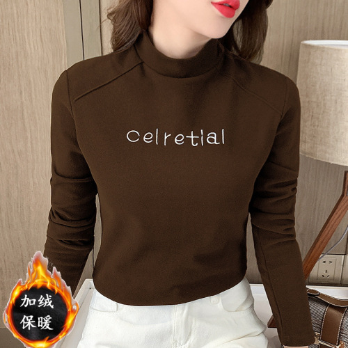Women's winter half-length crew neck padded base layer t-shirt, versatile long-sleeved T-shirt top for autumn and winter, stylish women's top with thermal lining