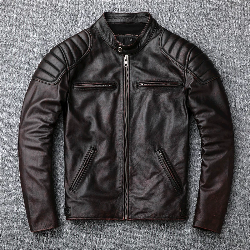 Кожаная ретро-коричневая куртка, буйволовая кожа, натуральная кожа