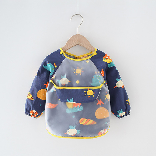 Children's smock waterproof long-sleeved reverse clothing baby eating clothes apron pure cotton children's bib protective clothing with rice pocket