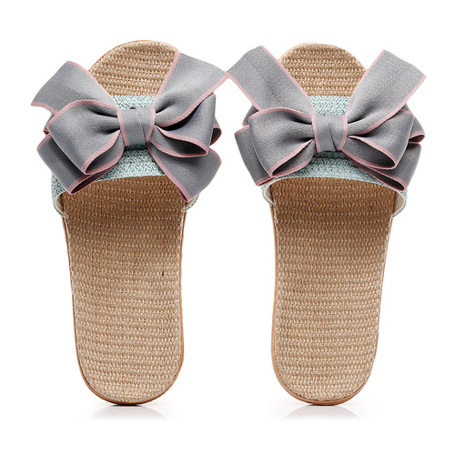 New Fashion Simple Bow Linen Home Slippers for Women, Ultra Lightweight, Silent, Breathable, Non-Slip Cool Slippers, Summer
