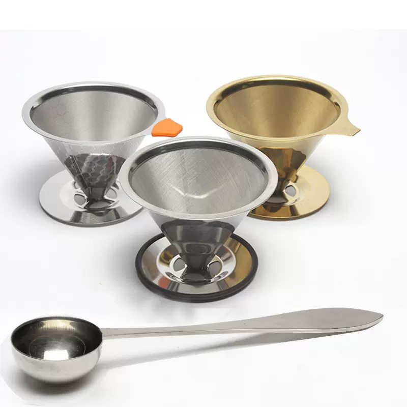 新不锈钢双层咖啡过滤器  美式304滴漏套装 锥形带勺过滤网漏斗
