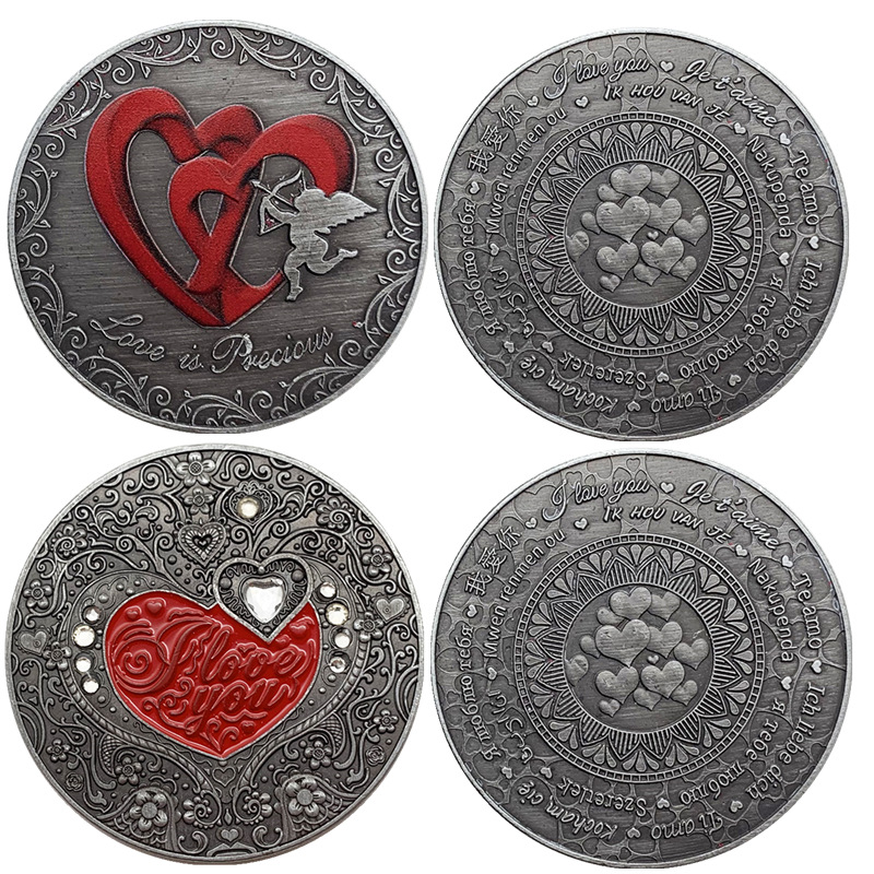 定制爱情蜜语心形镶钻镍古银纪念章 收藏工艺情人红心硬币纪念币