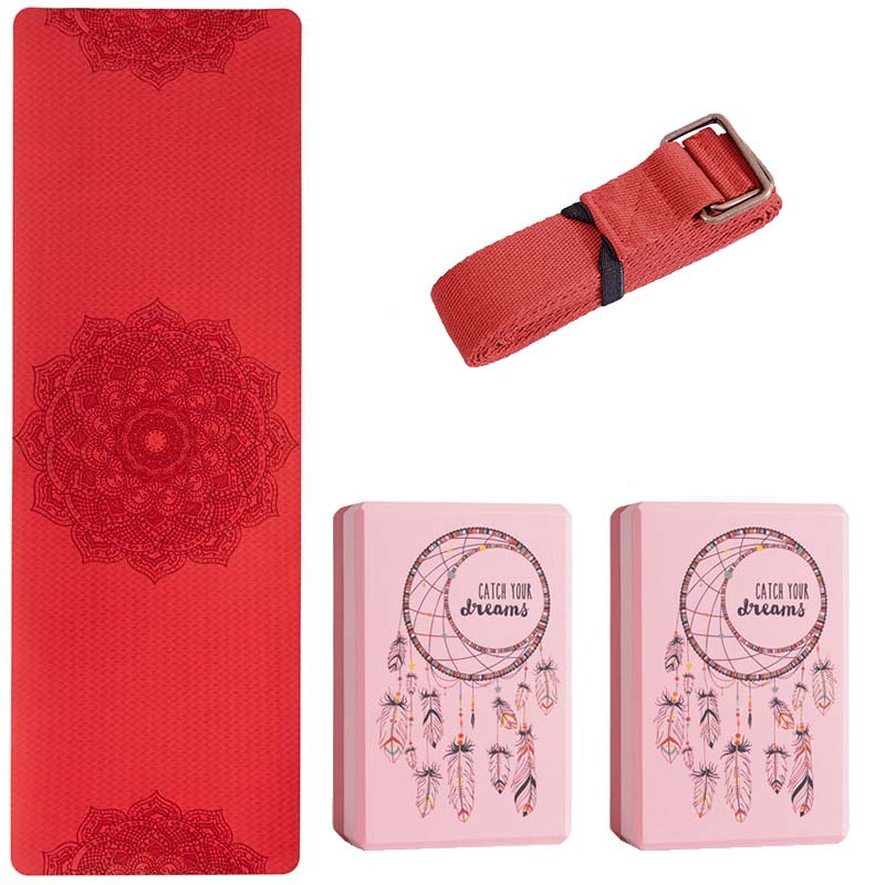 Professional TPE non-slip yoga mat set 2 yoga bricks 1 stretch band