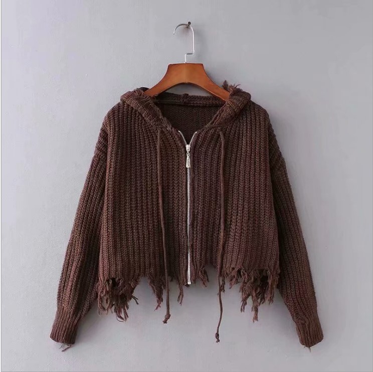 Chaqueta de Punto con Capucha y Borlas para Mujer, Estilo Europeo y Americano, Comercio Exterior Transfronterizo de Amazon, Suéter con Cremallera, Chaqueta de Punto, 2025