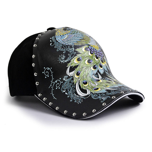 Baseball cap illustration peacock hat female fashion and personality printing tide rivet original European and American outdoor shade waste their hats