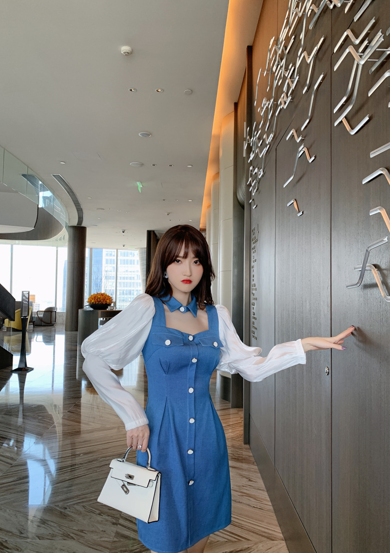Đầm cổ búp bê tay phồng dáng suông — Màu xanh lam chi tiết 8