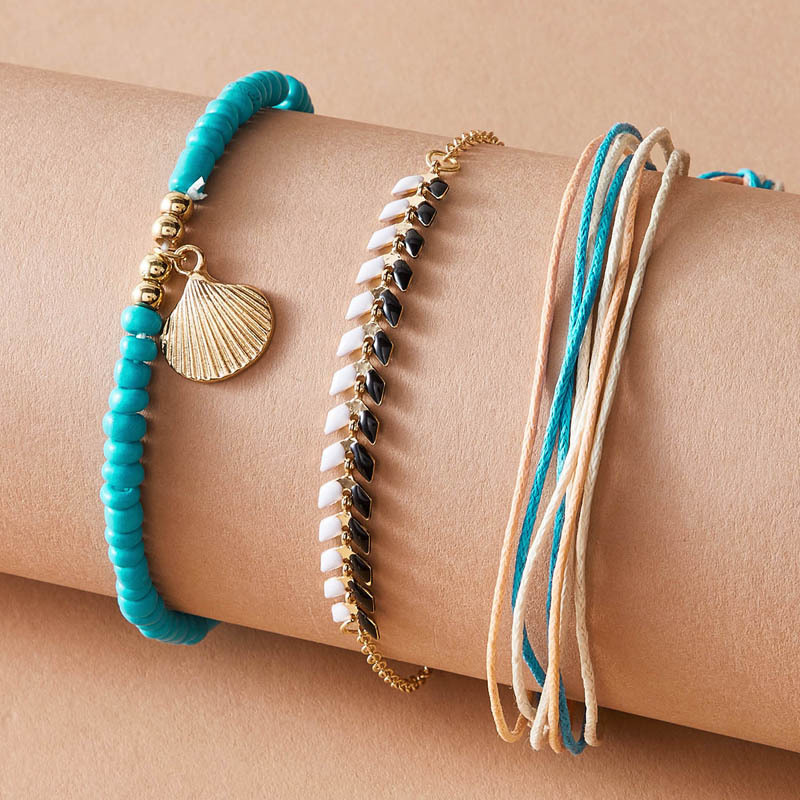 New Anklet Set Creative Cord Braided Rice Bead Shell Scallop Anklet 3 Piece Set display picture 3