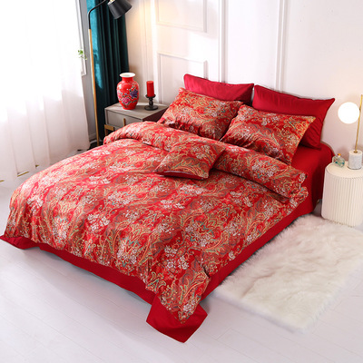 全棉床上用品四件套 60支贡缎长绒棉四件套 红色喜庆床上用品被罩|ms