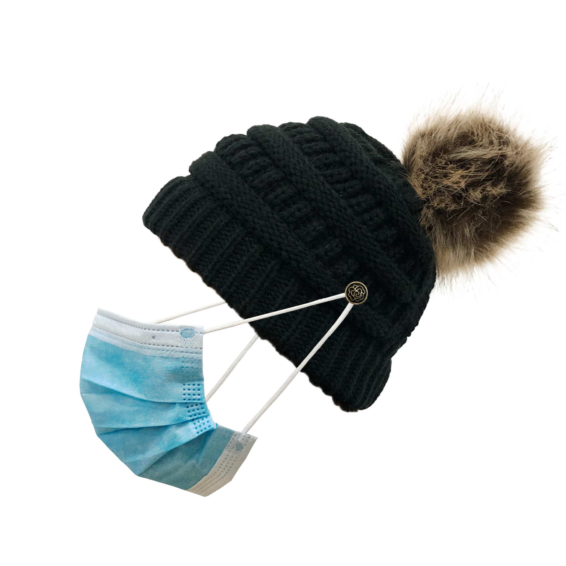 Crochet Ponytail Hat With Fur Pom Pom Mask Button Hat Hot Selling Knitted Hat Wool Ball Wool Hat Criss-cross