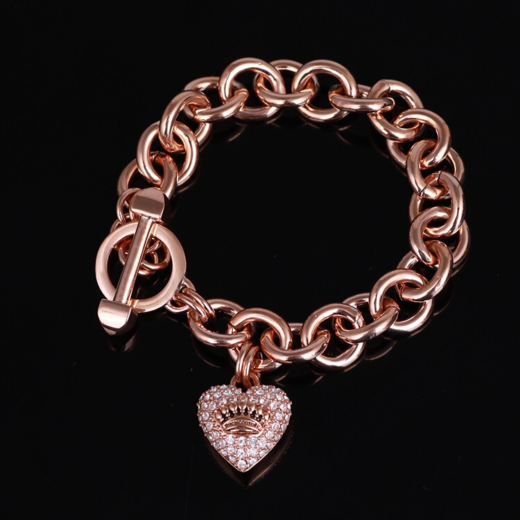 European and American Golden Thick Chain Full Diamond Love Basic Bracelet Simple Temperament Peach Heart Crown Mark T Buckle Bracelet
