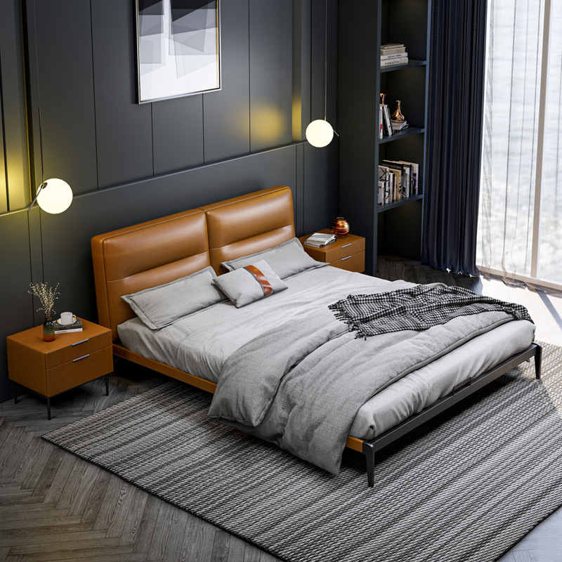 Cama matrimonial moderna minimalista de tamaño king de 1.8 m, cama de matrimonio de cuero genuino, cama tapizada con estructura de hierro, capa superior suave de estilo italiano minimalista