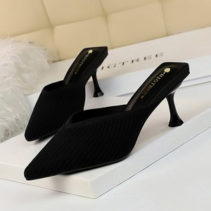 Han edition 3125 contracted joker daily lazy shoes baotou drag with high heels hollow yarn V pointed mouth female slippe