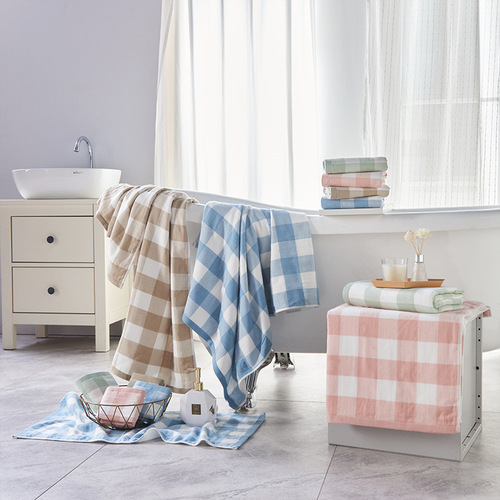 Direct supply from a flower pattern towel manufacturer, supporting one-piece dropshipping. Plain check pattern square hand towels and bath towels.