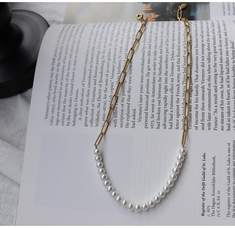 Fashion Half Stitching Chain Pearl Titanium Steel Plated 18k Gold Necklace Bracelet display picture 3