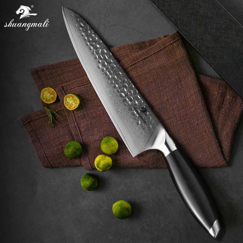 Damascus Steel Knife Forged With Hammer Pattern8 Inch G10 Hand Kitchen Meat Knife Chef's Knife Shipping