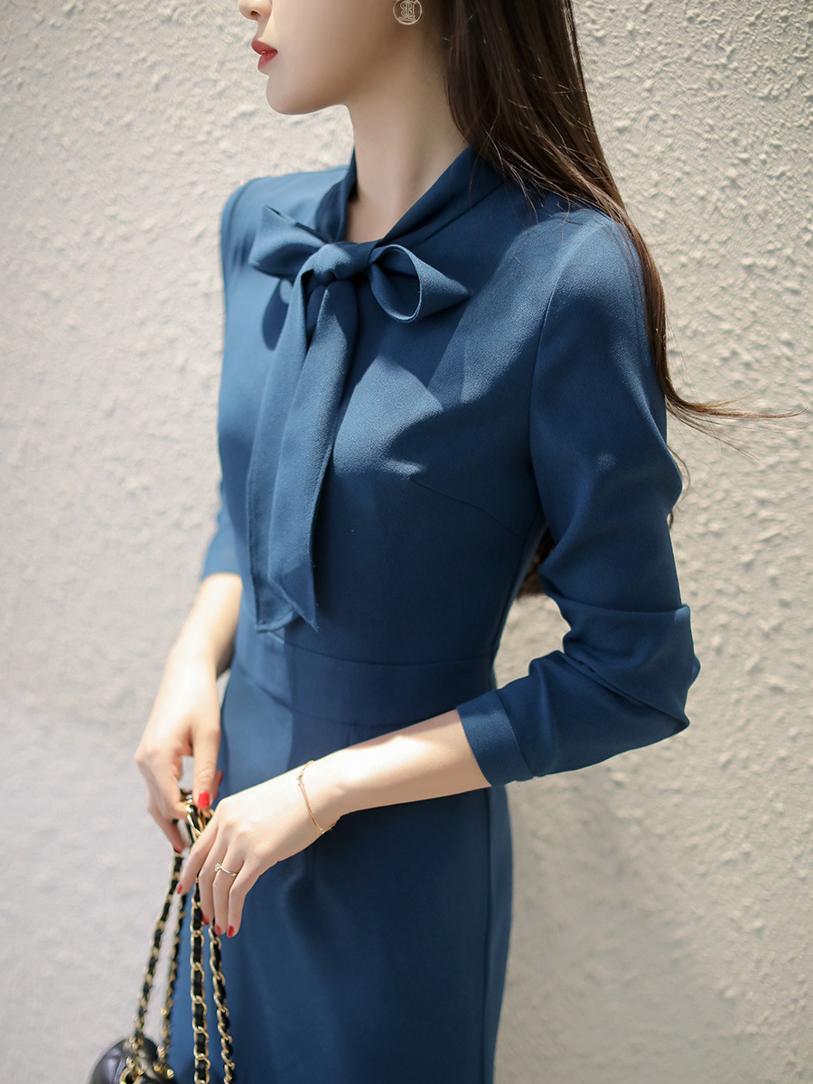 现货厂家批发显瘦显白优雅迷人的孔雀蓝气质空姐式连衣裙醋酸面料