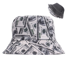 新款歐美創意美元塗鴉漁夫帽女可折疊雙面戴盆帽潮戶外個性遮陽帽