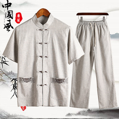 唐装男中老年人复古风亚麻爸爸夏装套装汉服爷爷半袖休闲衣服短袖
