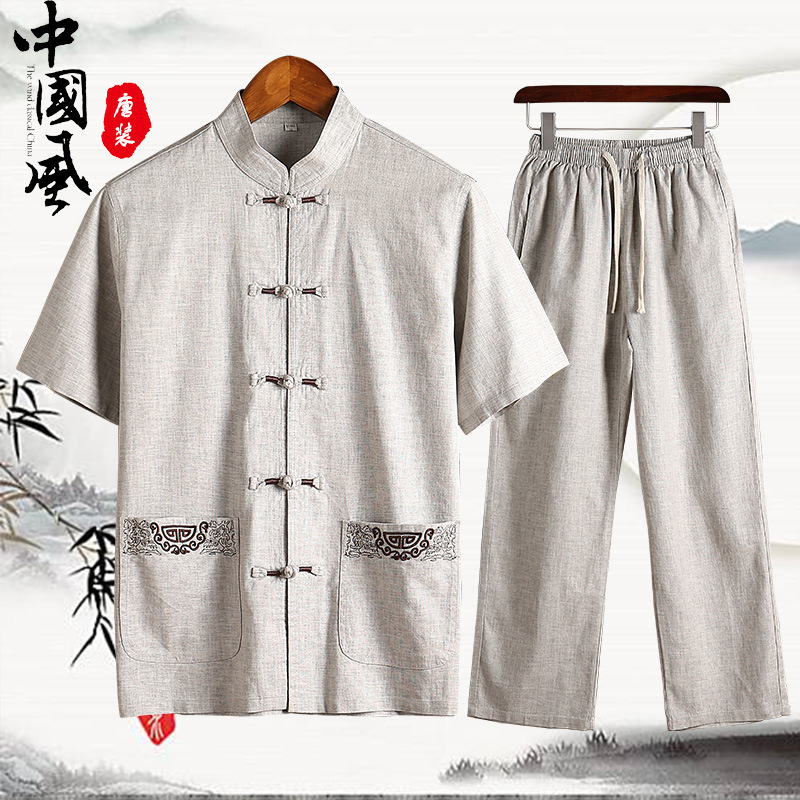 唐装男中老年人复古风亚麻爸爸夏装套装汉服爷爷半袖休闲衣服短袖