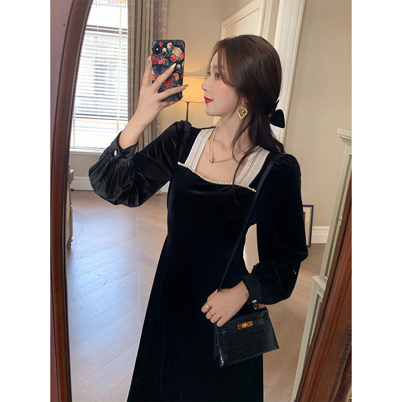 法式小众长裙亚马逊小黑裙金丝绒高端轻奢名媛气质连衣裙子女秋冬