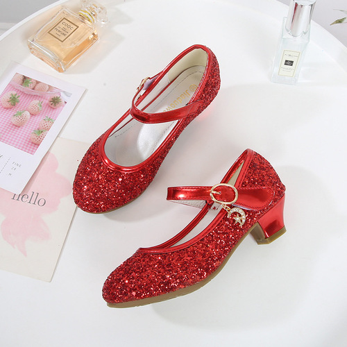 Cross-border Amazon girls' high heels children's leather shoes Korean style princess single shoes sequined student dance shoes spring and autumn shoes