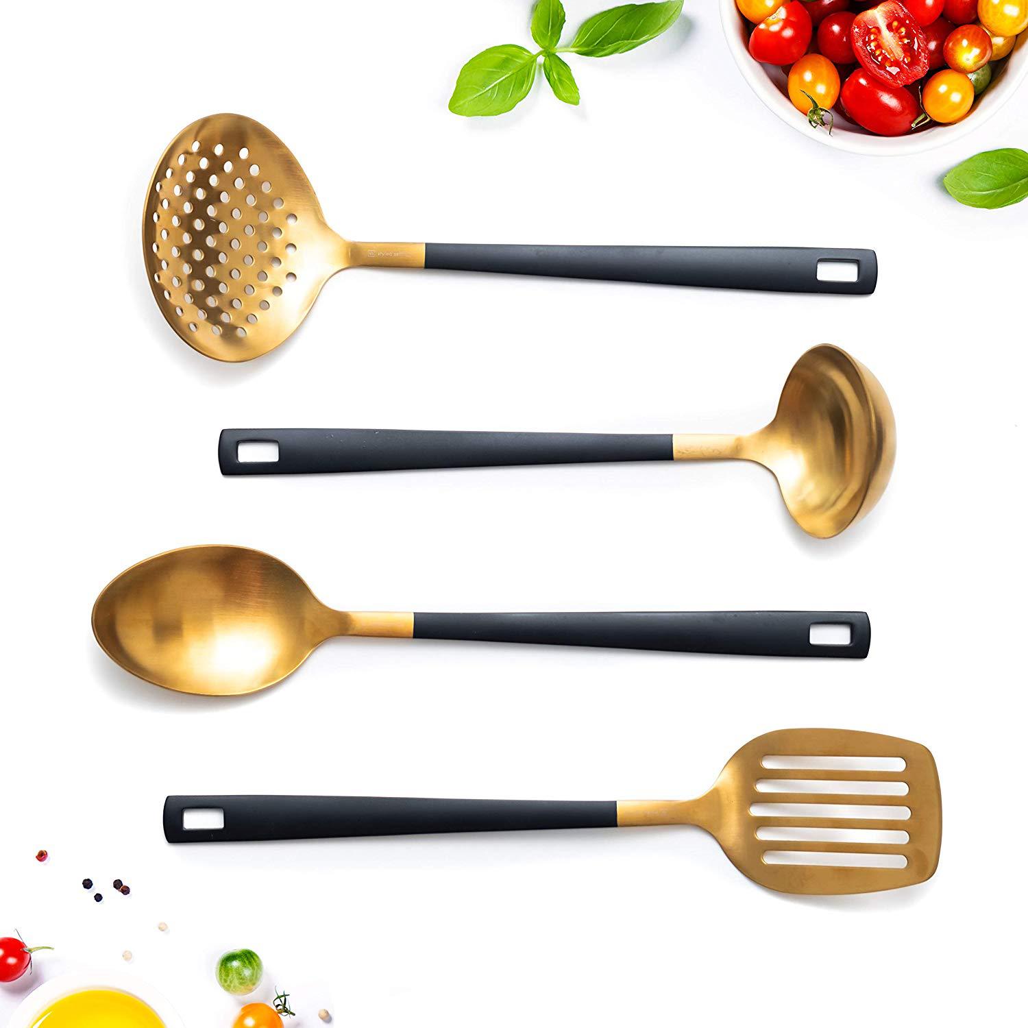 Stainless Steel Kitchen Utensils Set With Titanium Coated Finish_voghion.com