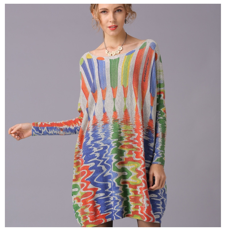 Autumn Winter Sweaters Loose Idle Pencil Print Pullover Mid Length Knitwear Women