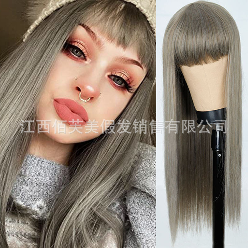 Orange wig female long straight hair cross-border e-commerce Europe and America fashion dyed long hair chemical fiber head cover overseas a hair