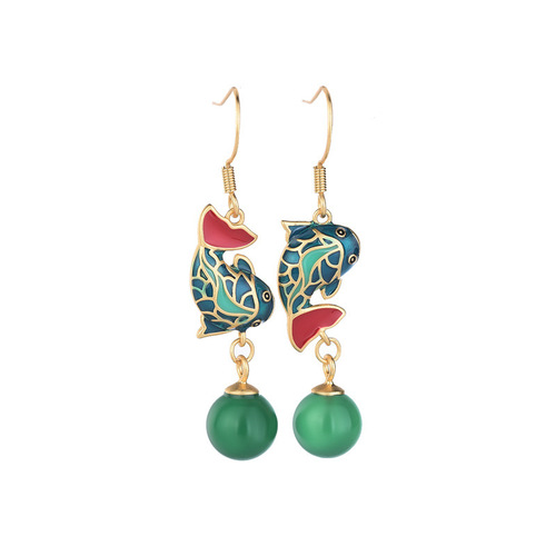 Palace style design Hanfu earrings ancient gold aquamarine cloisonne carp leaping over the dragon gate earrings inlaid with chrysoprase