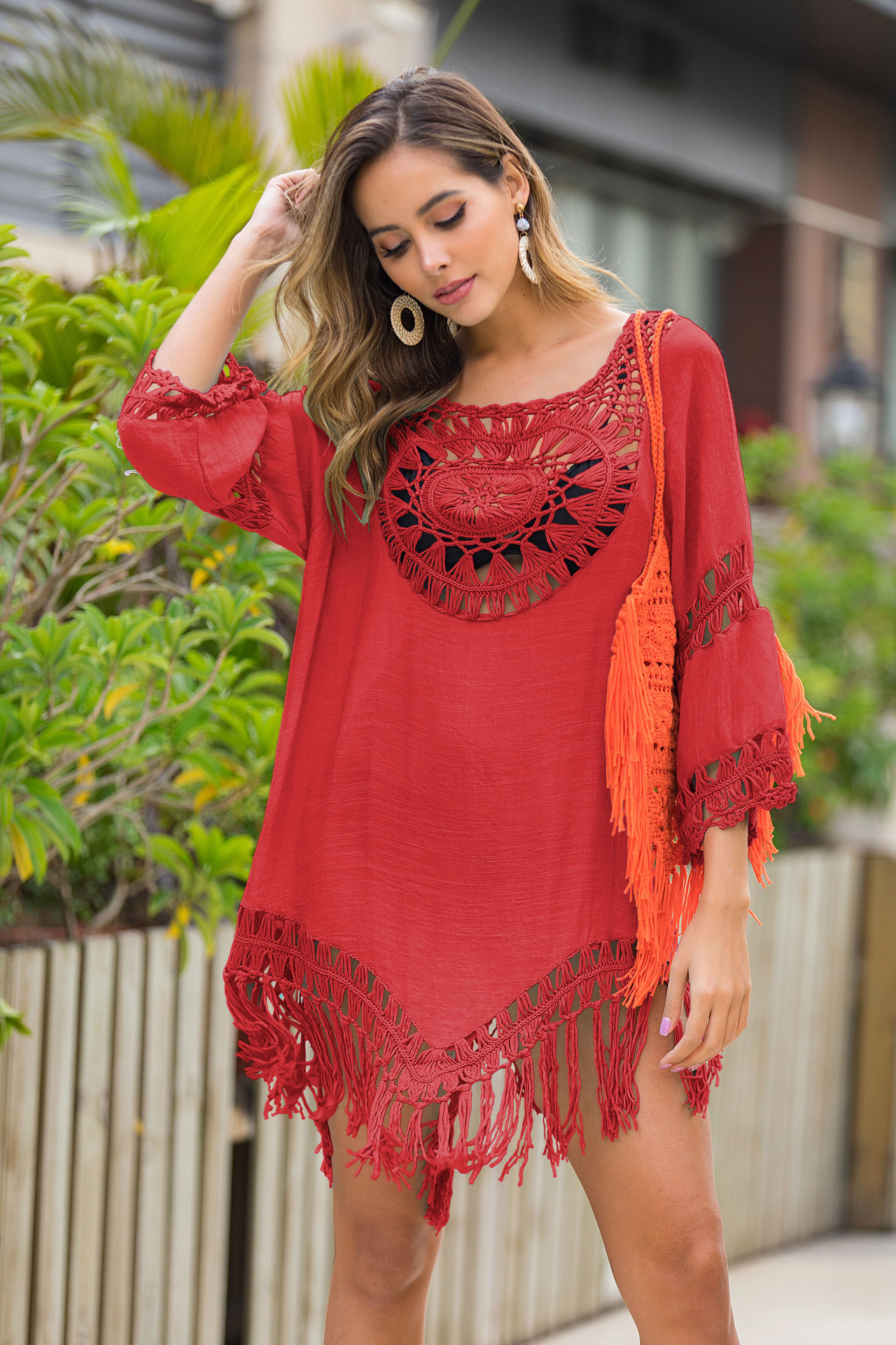 Solid Color Stitching Tassel Loose Beach Sunscreen Blouse NSOY26736